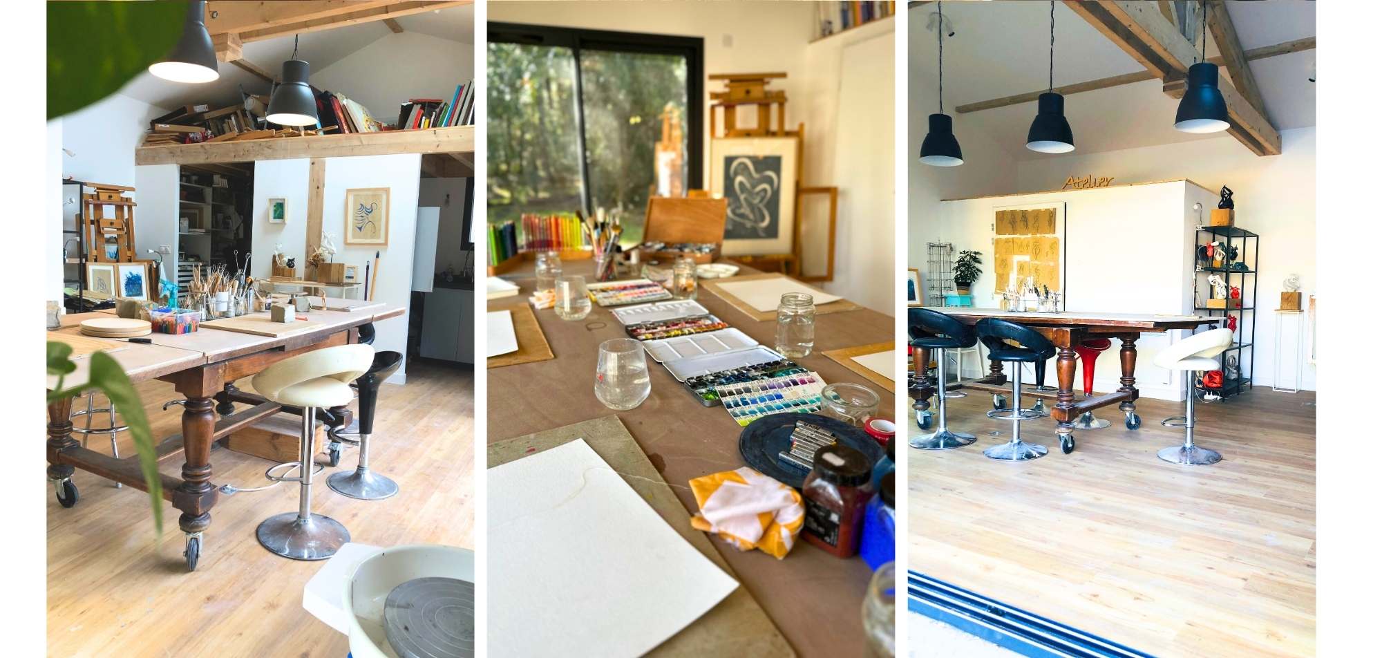 atelier des 2 pins à ondres dans les landes à 5 minutes du pays basque artiste Julie Espiau Cours, ateliers, stages et retraites artistiques, céramique modelage sculpture argile poterie terre peinture aquarelle papier végétal.