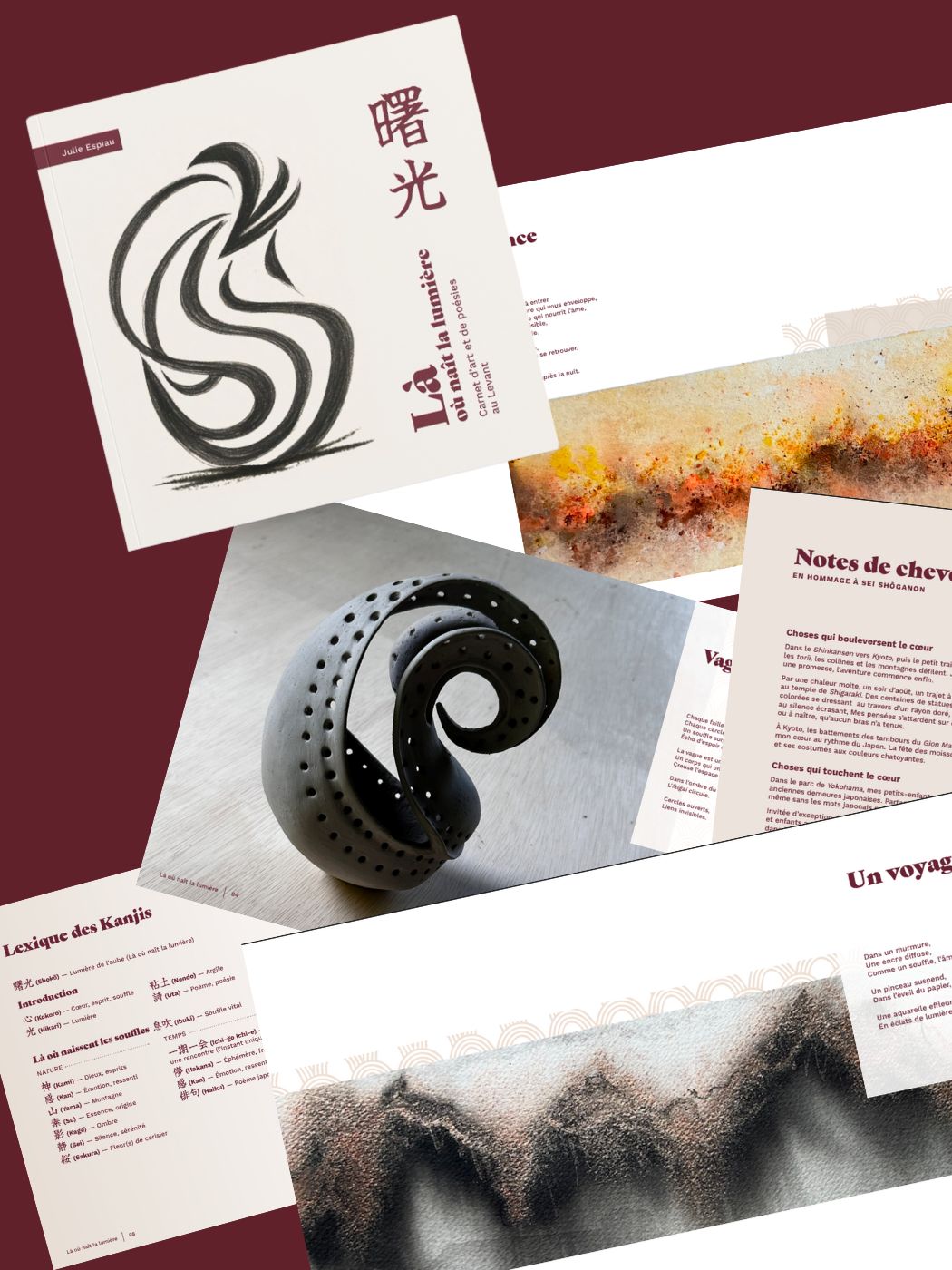 Présentation d'une page du Livre de Julie Espiau Artiste et auteur qui est allée en résidence art et céramique au Japon . Elle a ensuite écrit un livre sur ses inspirations, l'art au japon et ses créations au japon