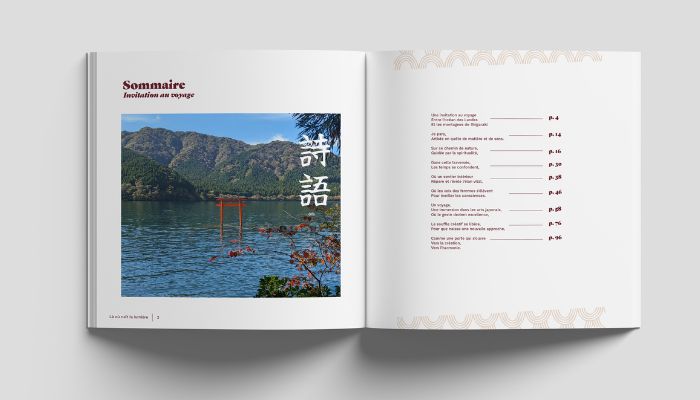 Livre carnet d'art et de poésies sur leJapon Là où naît la lumière Julie Espiau Artiste - auteur, sans les landes  à Ondres, ce livre a été créé après une résidence au Japon à Shigagraki- sommaire du livre lac Hakone japon